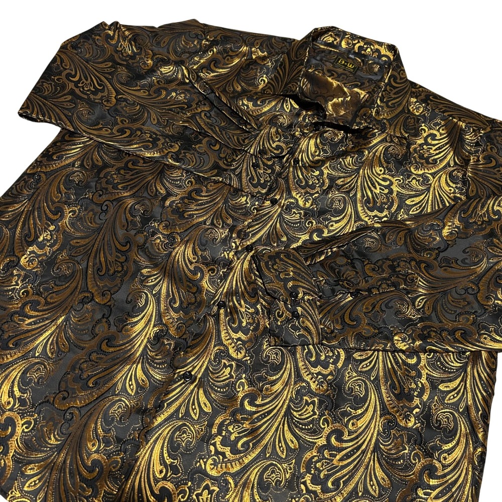 Barry Wang Button Down Shirt Mens XXL Gold Black Paisley Silk Blend Baroque